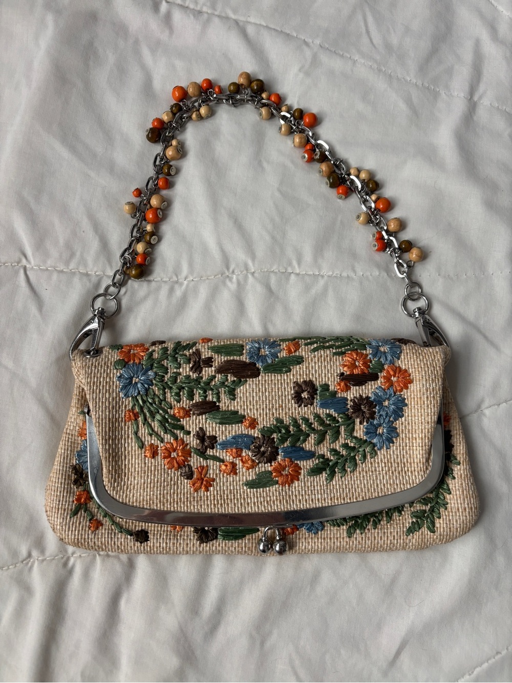 Embroidered Floral Beaded-Chain Clutch — Beige with Orange & Blue